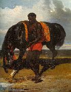Africain tenant un cheval au bord d'une mer Alfred Dedreux